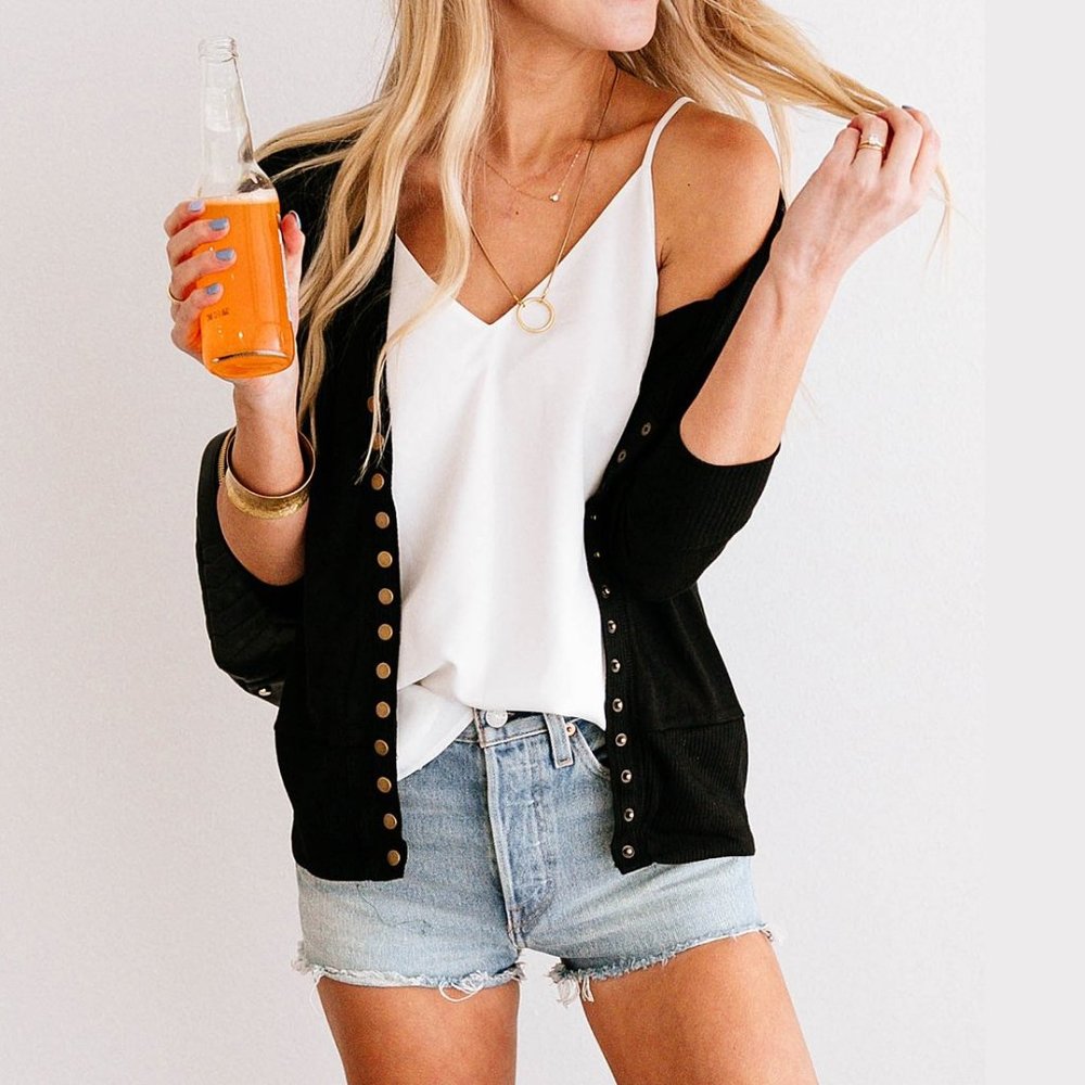 BLACK 3/4 Sleeve Snap Button Cardigan